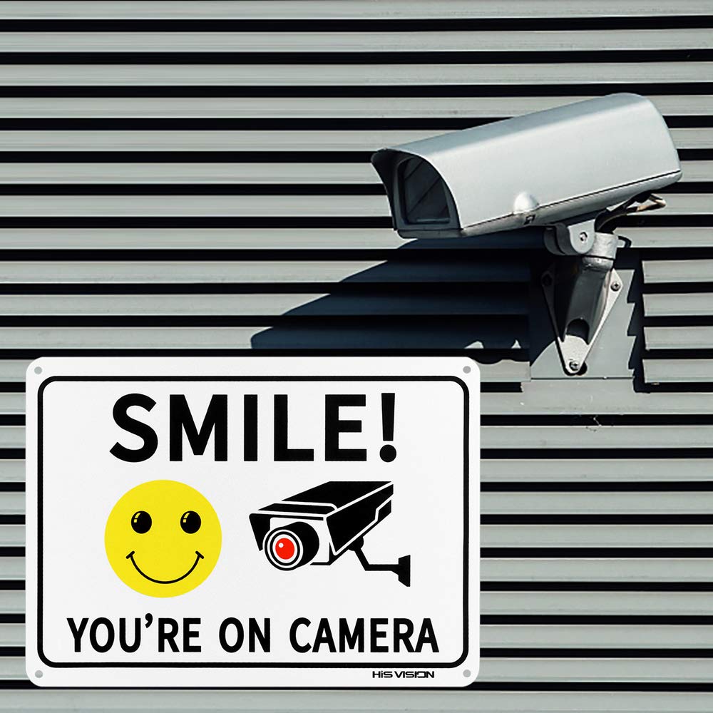 HISVISION 2 Pack Smile You're on Camera, Video Surveillance Sign, 10"x7" Rust Free Aluminum Metal Warning Sign UVresistance, Waterproof, Easy to Install for Home House and Business