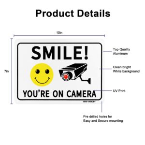 HISVISION 2 Pack Smile You're on Camera, Video Surveillance Sign, 10"x7" Rust Free Aluminum Metal Warning Sign UVresistance, Waterproof, Easy to Install for Home House and Business