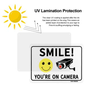 HISVISION 2 Pack Smile You're on Camera, Video Surveillance Sign, 10"x7" Rust Free Aluminum Metal Warning Sign UVresistance, Waterproof, Easy to Install for Home House and Business