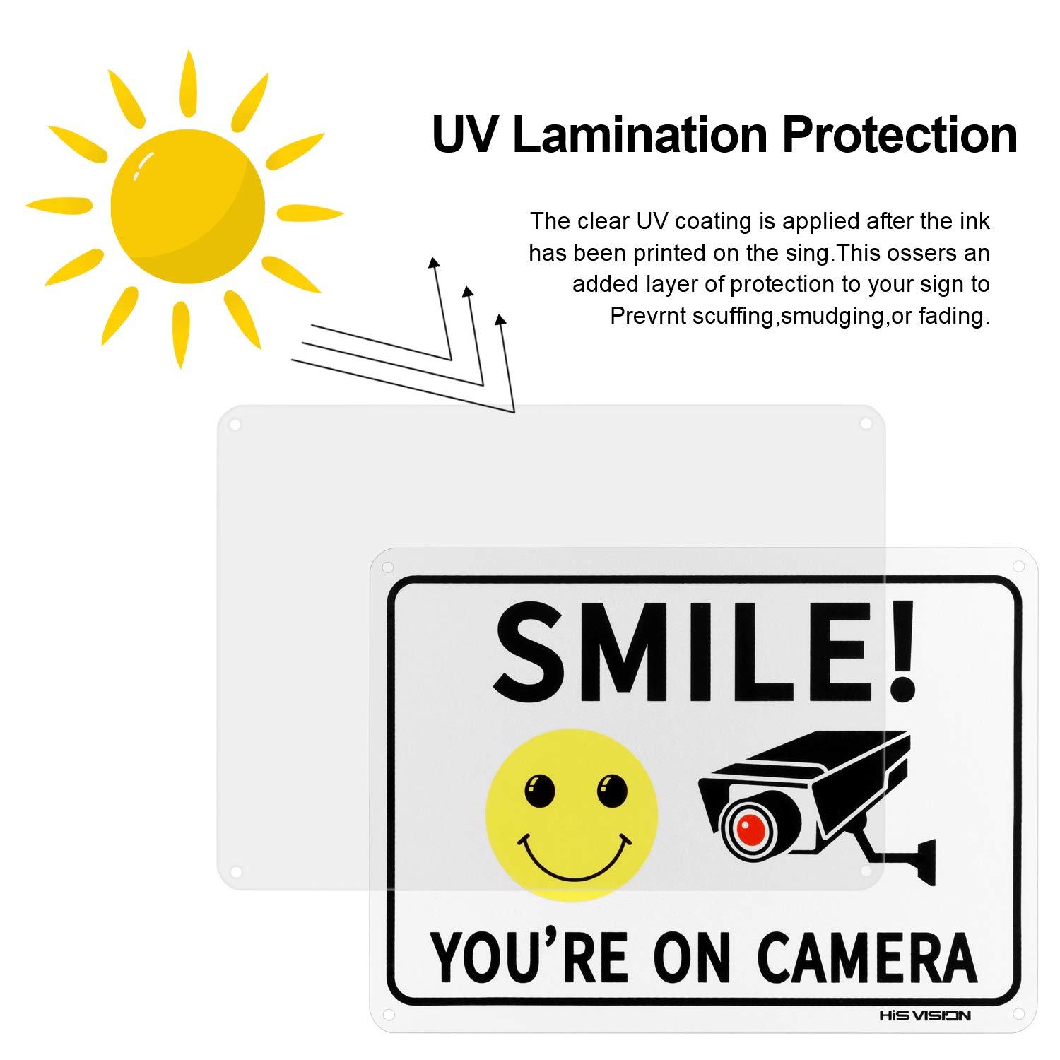 HISVISION 2 Pack Smile You're on Camera, Video Surveillance Sign, 10"x7" Rust Free Aluminum Metal Warning Sign UVresistance, Waterproof, Easy to Install for Home House and Business