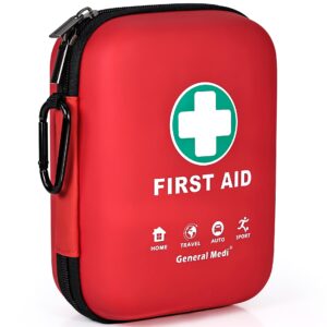 general medi first aid kit - 170 pieces hard case and lightweight - great for travel, home, office, vehicle, camping, workplace & outdoor (red)
