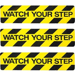3pack watch your step non-slip stair warning sticker adhesive tape help prevent falls anti slip abrasive treads for workplace or home safety wet floor caution, 6" x 24"