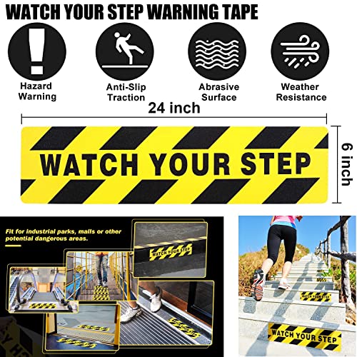 3Pack Watch Your Step Non-Slip Stair Warning Sticker Adhesive Tape Help Prevent Falls Anti Slip Abrasive Treads for Workplace or Home Safety Wet Floor Caution, 6" x 24"