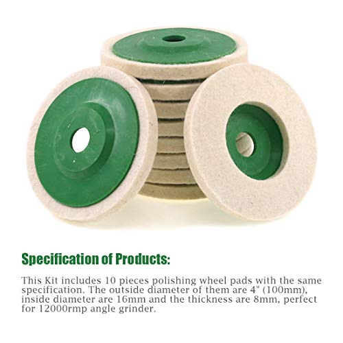 Keadic 10 - Piece 100mm Wool Felt Disc Polishing Buffing Wheel Pad Bore Dia