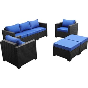 Outdoor Wicker Furniture Couch Set 5 Pieces, Patio Furniture Sectional Sofa with Royal Blue Cushions and Furniture Covers, Black Rattan