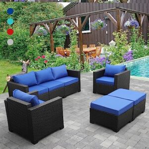 outdoor wicker furniture couch set 5 pieces, patio furniture sectional sofa with royal blue cushions and furniture covers, black rattan