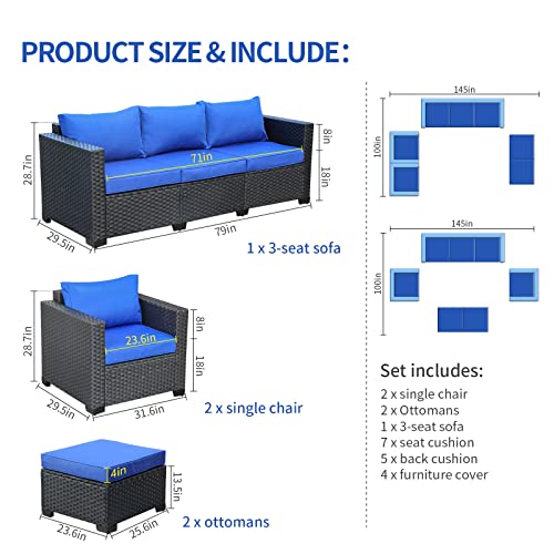 Outdoor Wicker Furniture Couch Set 5 Pieces, Patio Furniture Sectional Sofa with Royal Blue Cushions and Furniture Covers, Black Rattan