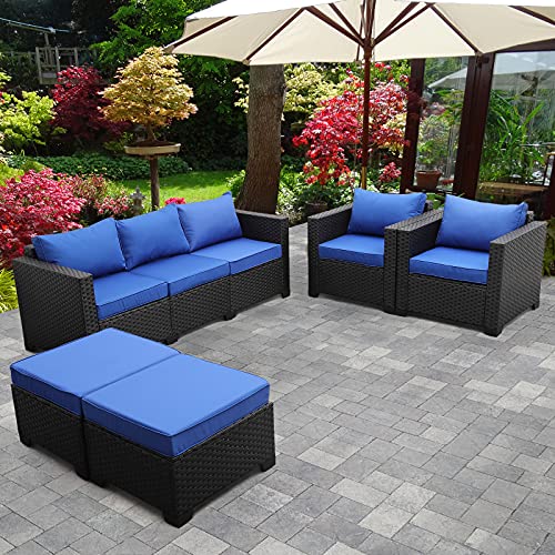 Outdoor Wicker Furniture Couch Set 5 Pieces, Patio Furniture Sectional Sofa with Royal Blue Cushions and Furniture Covers, Black Rattan