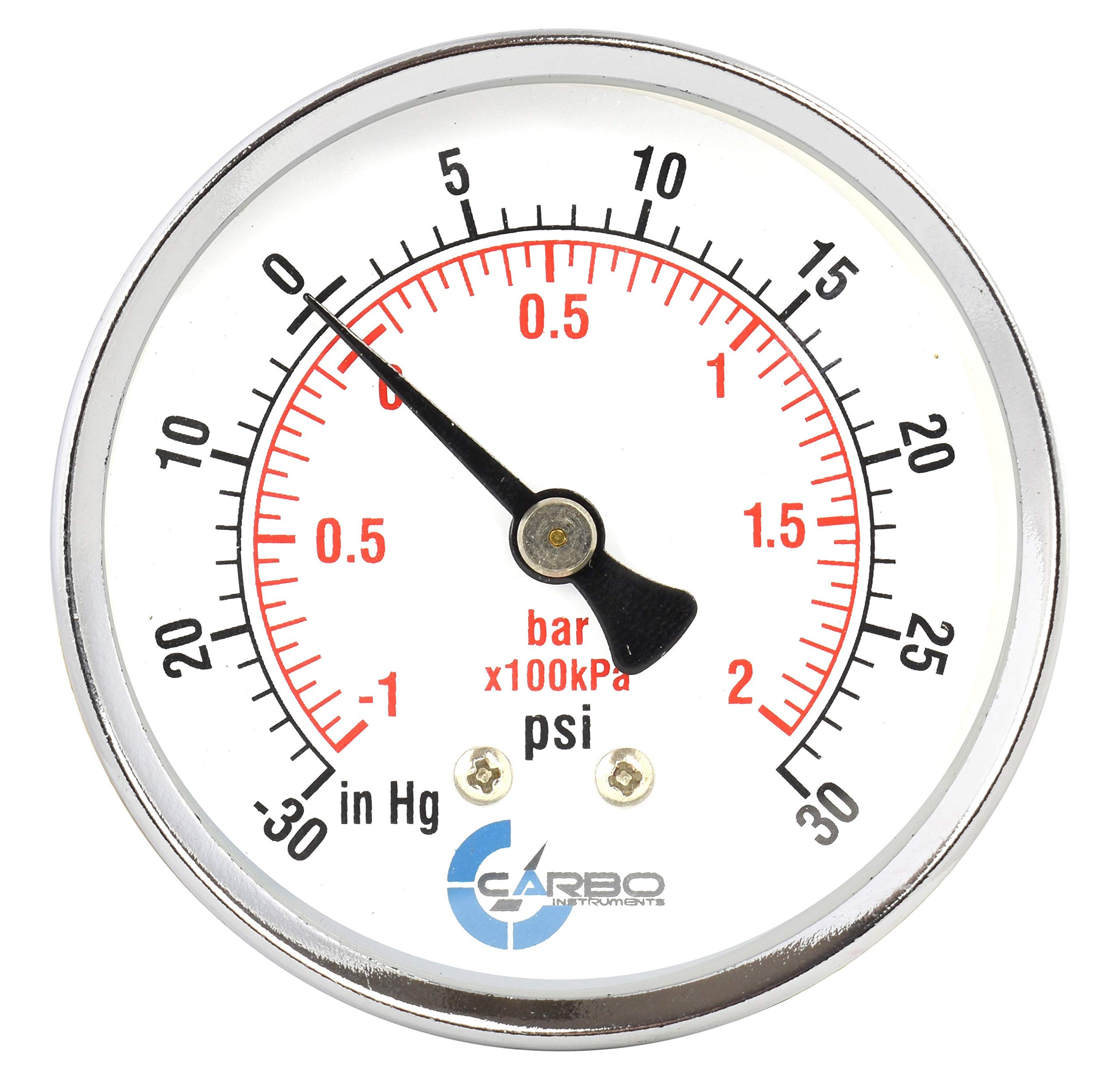 CARBO Instruments 2-1/2" Pressure Gauge, Chrome Plated Steel Case, Dry, Compound Vacuum -30 Hg - 0-30 psi Back Mount 1/4" NPT