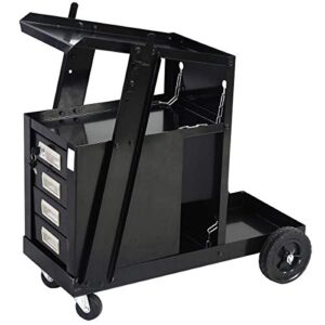 reuniong welder cart with 2 safety chains mig tig arc plasma cutter tank storage, 100 lb capacity, portable 4-drawer cabinet
