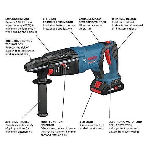 BOSCH GBH18V-26DK15 18V EC Brushless SDS-plus® Bulldog™ 1 In. Rotary Hammer Kit with (1) CORE18V® 4 Ah Advanced Power Battery