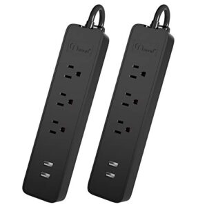 onsmart 3 ac outlets 2 usb power strip 2.4a max output-mini charging station for home, travel, office, cruise, overload protection, 1.5ft extension ul cord-black(2pack)