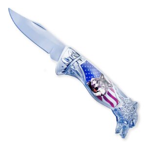 asr outdoor folding pocket knife patriotic howling wolf american flag collectible gift, 8 inch