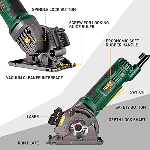 Mini Circular Saw, TECCPO 4.8Amp Compact Circular Saw, 3700RPM, with Laser Guide, Scale Ruler, Vacuum Port, 3 Blades for Cutting Woods, Tile and Soft Metal. Ideal Design for Small Projects -TAPS22P