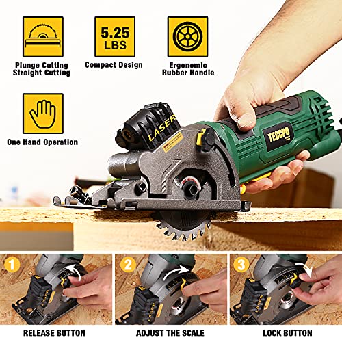 Mini Circular Saw, TECCPO 4.8Amp Compact Circular Saw, 3700RPM, with Laser Guide, Scale Ruler, Vacuum Port, 3 Blades for Cutting Woods, Tile and Soft Metal. Ideal Design for Small Projects -TAPS22P