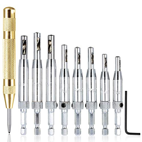 AFUNTA 8 pcs Center Drill Bit Sets with Automatic Center Punch, Self Centering Hinge Tapper Core Hole Puncher Woodworking Tools for Cabinet Door 5/64'' 7/64'' 9/64'' 11/64'' 13/64'' 5mm 1/4''