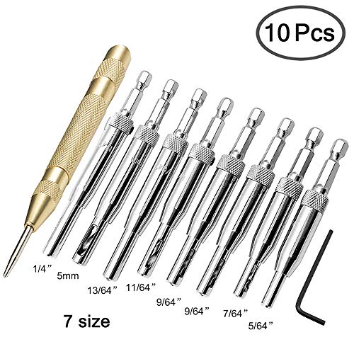 AFUNTA 8 pcs Center Drill Bit Sets with Automatic Center Punch, Self Centering Hinge Tapper Core Hole Puncher Woodworking Tools for Cabinet Door 5/64'' 7/64'' 9/64'' 11/64'' 13/64'' 5mm 1/4''