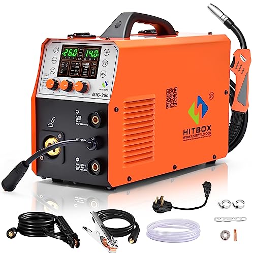 HITBOX MIG250 Mig Welder 250A Welder Dual Voltage Welding Machine 110v/220v Multiprocess 5 IN 1 Welder Machine Gas/Gasless/Stick/Lift Tig/Spot Welding Portable Welder Professional Aluminum Welder