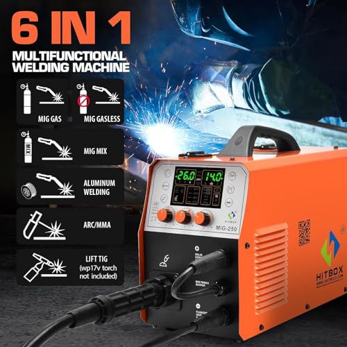 HITBOX MIG250 Mig Welder 250A Welder Dual Voltage Welding Machine 110v/220v Multiprocess 5 IN 1 Welder Machine Gas/Gasless/Stick/Lift Tig/Spot Welding Portable Welder Professional Aluminum Welder