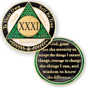 31 year aa medallions sobriety coin - alcoholics anonymous chips - thirty one year coins - green white black token