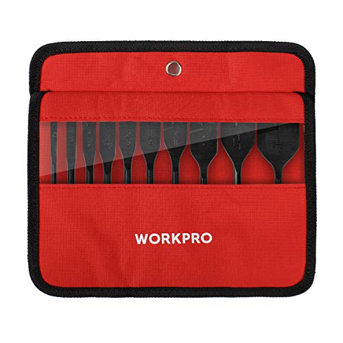 WORKPRO 10-Piece Pro Spade Drill Bit Set- Black Coating, Premium Carbon Steel, Paddle Flat Bits for Woodworking, Assorted Bits 1/4" to 1-1/2" with Storage Case