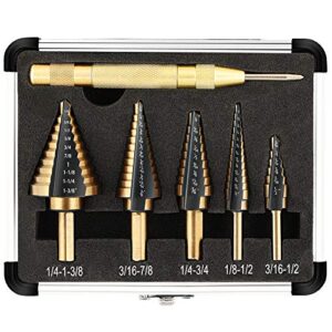 comoware step drill bit set & automatic center punch- black and gold, double cutting blades, high speed steel, short length drill bits set of 5 pcs, total 50 sizes with aluminum case