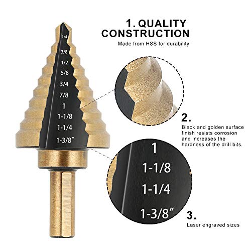 COMOWARE Step Drill Bit Set & Automatic Center Punch- Black and Gold, Double Cutting Blades, High Speed Steel, Short Length Drill Bits Set of 5 pcs, Total 50 Sizes with Aluminum Case