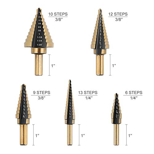 COMOWARE Step Drill Bit Set & Automatic Center Punch- Black and Gold, Double Cutting Blades, High Speed Steel, Short Length Drill Bits Set of 5 pcs, Total 50 Sizes with Aluminum Case