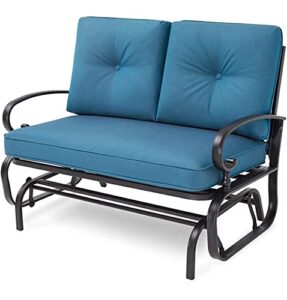 incbruce outdoor rocking chair with cushion glider bench for 2 person, seating loveseat steel frame for porch, patio, garden (peacock blue)