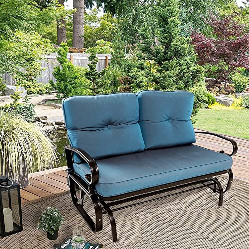 Incbruce Outdoor Rocking Chair with Cushion Glider Bench for 2 Person, Seating Loveseat Steel Frame for Porch, Patio, Garden (Peacock Blue)
