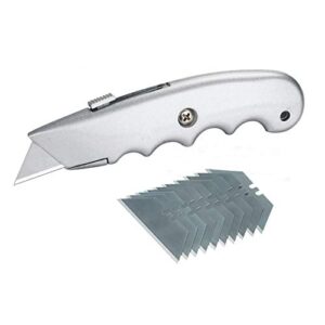 wideskall heavy duty contoured handle retractable blade utility knife with 10 razor blades (metal frame)