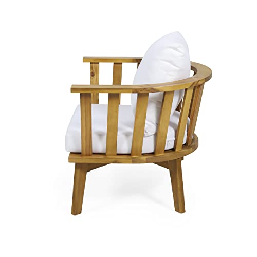 Christopher Knight Home Dean Outdoor Wooden Club Chair with Cushions, White and Teak Finish