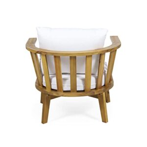 Christopher Knight Home Dean Outdoor Wooden Club Chair with Cushions, White and Teak Finish