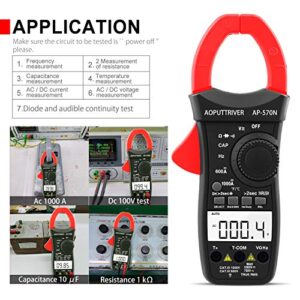 Digital Clamp Meter AP-570N,6000 Counts Auto-ranging Multimeter with DC/AC Voltage&Current,Resistance,Capacitance,Temperature,Frequency,Duty Cycle (Black-570N)