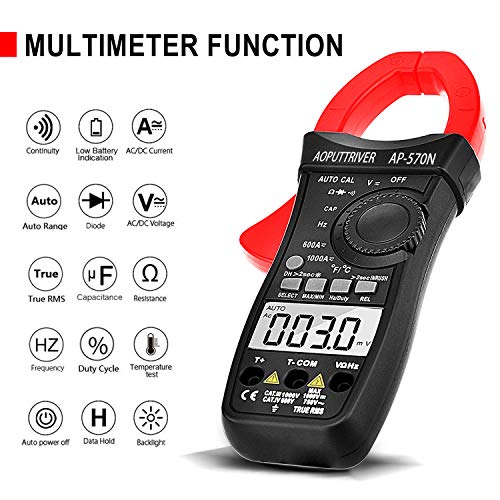 Digital Clamp Meter AP-570N,6000 Counts Auto-ranging Multimeter with DC/AC Voltage&Current,Resistance,Capacitance,Temperature,Frequency,Duty Cycle (Black-570N)