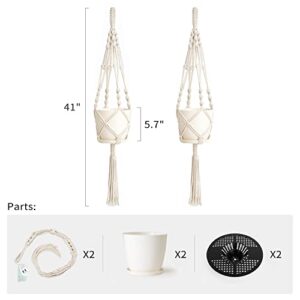 Mkono Macrame Plant Hangers with Pots Indoor Set of 2 Hanging Planters Holder 6.5 Inch Plastic Planter Included Self Watering Hanging Pots for Plants with Saucers & Perforated Insert, 41 Inch