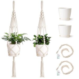 mkono macrame plant hangers with pots indoor set of 2 hanging planters holder 6.5 inch plastic planter included self watering hanging pots for plants with saucers & perforated insert, 41 inch