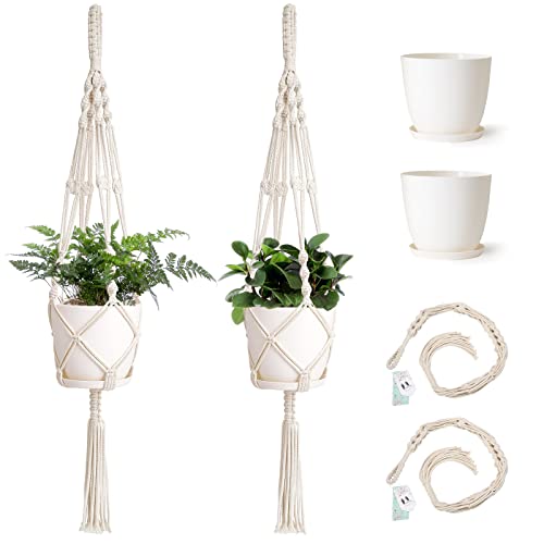 Mkono Macrame Plant Hangers with Pots Indoor Set of 2 Hanging Planters Holder 6.5 Inch Plastic Planter Included Self Watering Hanging Pots for Plants with Saucers & Perforated Insert, 41 Inch