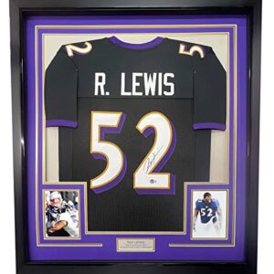 Framed Autographed/Signed Ray Lewis 33x42 Baltimore Black Football Jersey JSA COA