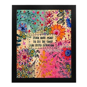 "Train Your Mind To See The Good"- 8 x 10"Inspirational Wall Print Sign on Floral Hippie Pattern- Ready to Frame. Retro Motivational Wall Art. Home-Office Décor. Great for Students-Classroom-Dorm.