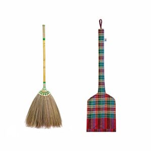 asian natural grass broom with bamboo stick embroidery woven nylon thread top of handle