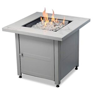 endless summer 30 inch stamped steel base square outdoor gas fire pit table with hidden control panel, white fire glass, and protective cover