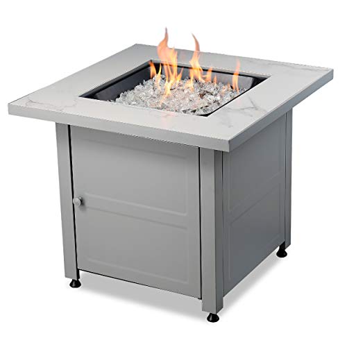 Endless Summer 30 Inch Stamped Steel Base Square Outdoor Gas Fire Pit Table with Hidden Control Panel, White Fire Glass, and Protective Cover