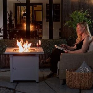 Endless Summer 30 Inch Stamped Steel Base Square Outdoor Gas Fire Pit Table with Hidden Control Panel, White Fire Glass, and Protective Cover