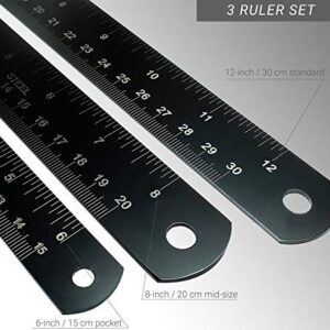 Steel Black Metal Ruler Set - 12, 8, 6 Inch Measuring Kit - Straight Edge Drafting Tool for Architects, Engineers, Crafts, Woodworking - Imperial and Metric Graduations - Protective Pouch Included