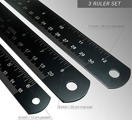 Steel Black Metal Ruler Set - 12, 8, 6 Inch Measuring Kit - Straight Edge Drafting Tool for Architects, Engineers, Crafts, Woodworking - Imperial and Metric Graduations - Protective Pouch Included