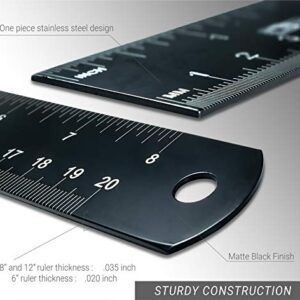 Steel Black Metal Ruler Set - 12, 8, 6 Inch Measuring Kit - Straight Edge Drafting Tool for Architects, Engineers, Crafts, Woodworking - Imperial and Metric Graduations - Protective Pouch Included