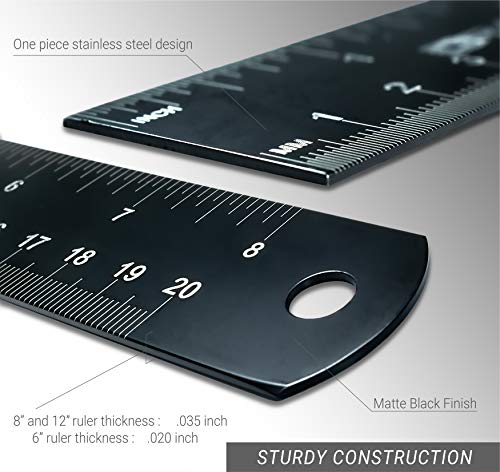 Steel Black Metal Ruler Set - 12, 8, 6 Inch Measuring Kit - Straight Edge Drafting Tool for Architects, Engineers, Crafts, Woodworking - Imperial and Metric Graduations - Protective Pouch Included