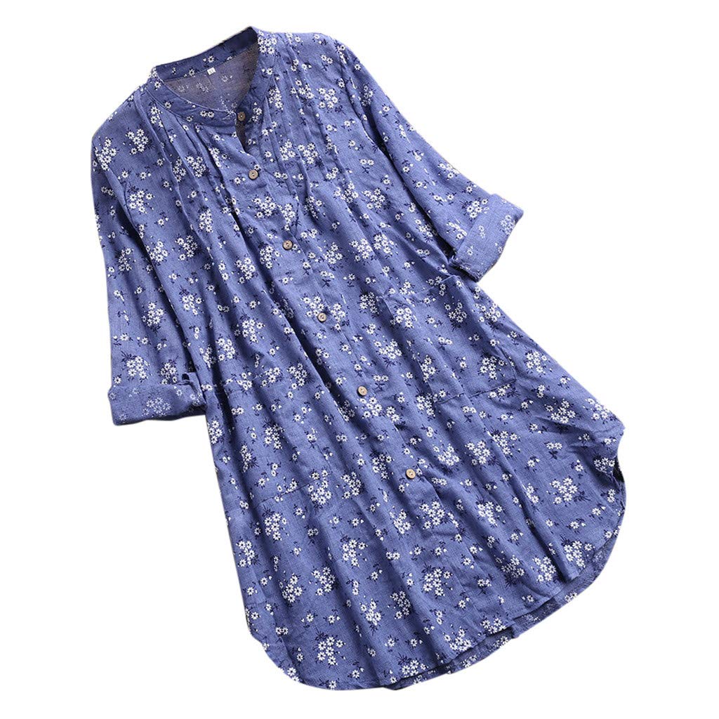 VEFSU Womens V-Neck Pleated Floral Print Long Sleeve Casual Tops T-Shirt Blouse Sky Blue XL