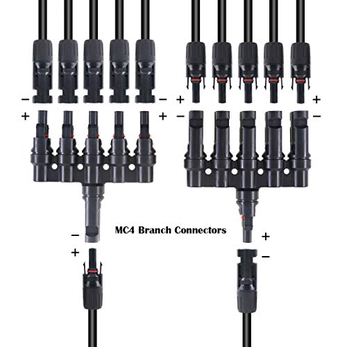 Glarks Solar Panel Connectors 1 Male to 5 Female and 1 Female to 5 Male T Branch Connectors Cable Coupler Combiner and 5 Pair Male/Female Solar Panel Cable Connectors Set (M/5F and F/5M)